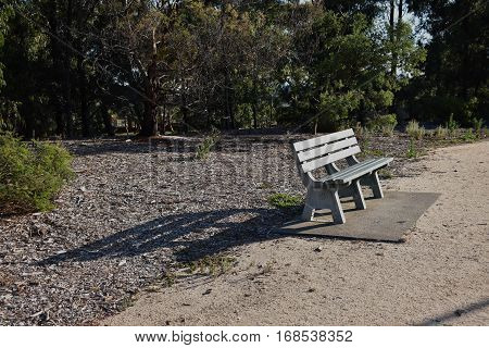 wooden park bench casting shadow in park