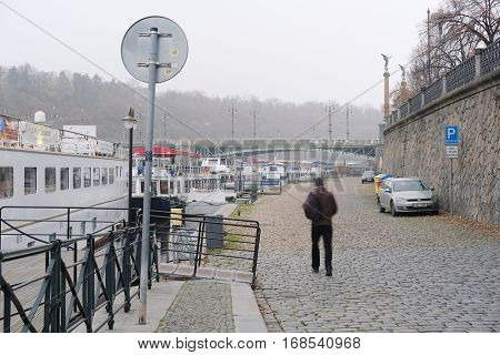 Prague, Czechia - November, 21, 2016: bank of Vitava river in Prague, Czechia