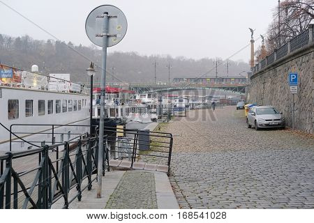 Prague, Czechia - November, 21, 2016: bank of Vitava river in Prague, Czechia