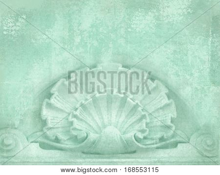 Architectural details. Blank for flyers messages business cards posters etc. in shabby chic style. Art deco figures carved on stone as decoration on a facade building. Fragment of ornate relief.