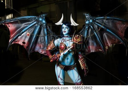 Moscow, Russia - November 20, 2016: Cosplayer posing at the Gamefilmexpo festival dedicated to video games, TV series and comics, anime, manga, cosplay.