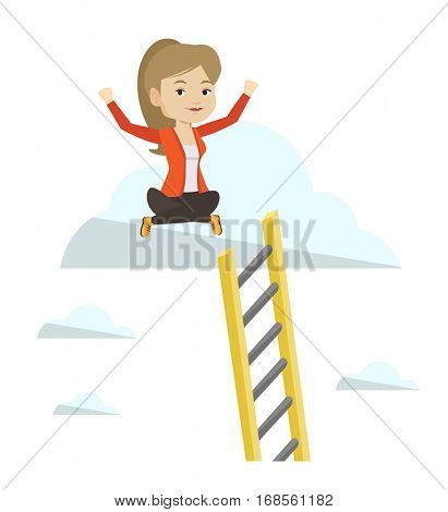 Happy smiling caucasian business woman with rised hands sitting on a cloud with ledder. Successful business woman relaxing on a cloud. Vector flat design illustration isolated on white background.