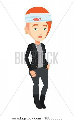 Upset caucasian woman with bandages over her head. Sad injured woman with a bandaged head. Full length of young woman wounded in head. Vector flat design illustration isolated on white background.