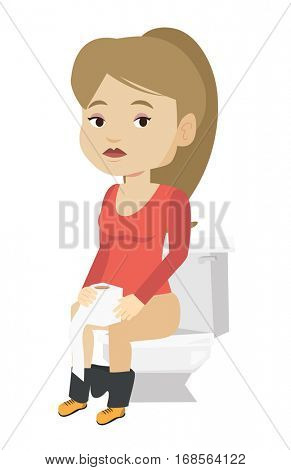 Caucasian woman sitting on toilet bowl and suffering from diarrhea. Young woman holding toilet paper roll and suffering from diarrhea. Vector flat design illustration isolated on white background.