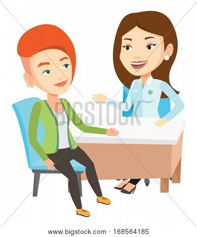 Caucasian doctor consulting patient in office. Doctor talking to patient. Doctor communicating with patient about her state of health. Vector flat design illustration isolated on white background.