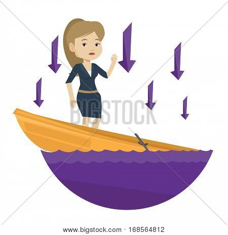 Young caucasian business woman bankrupt standing in sinking boat and arrows behind her pointing down symbolizing business bankruptcy. Vector flat design illustration isolated on white background.