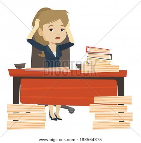 Bsiness woman in despair sitting at workplace with heaps of papers. Stressful business woman sitting at the desk with stacks of papers. Vector flat design illustration isolated on white background.