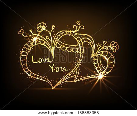 Golden glittering floral Hearts with Text Love You for Happy Valentine's Day Celebration.