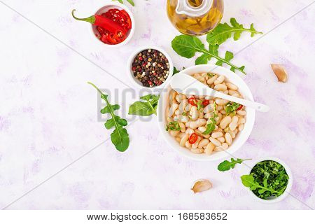Boiled White Beans In A Bowl. Diet Food. Healthy Lifestyle. Sports Nutrition. Flat Lay. Top Iew