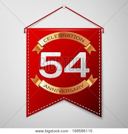 Red pennant with inscription Fifty four Years Anniversary Celebration Design over a grey background. Golden ribbon. Colorful template elements for your birthday party. Vector illustration