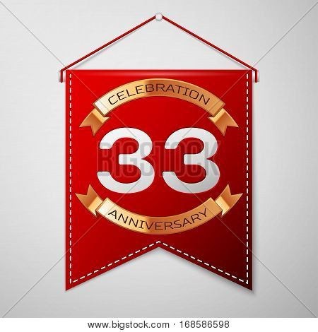 Red pennant with inscription Thirty three Years Anniversary Celebration Design over a grey background. Golden ribbon. Colorful template elements for your birthday party. Vector illustration