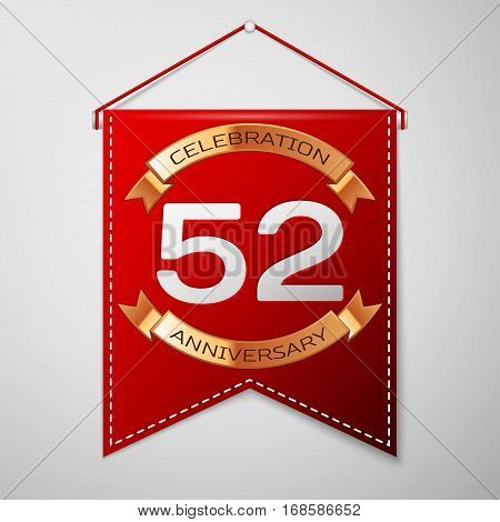 Red pennant with inscription Fifty two Years Anniversary Celebration Design over a grey background. Golden ribbon. Colorful template elements for your birthday party. Vector illustration