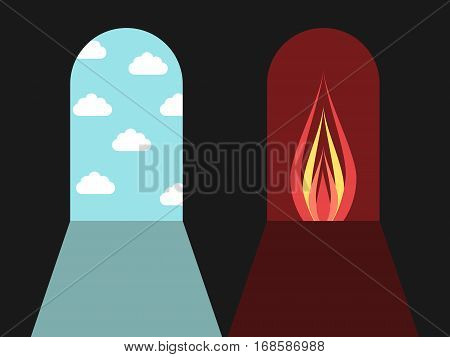 Doors leading to blue sky with clouds and red darkness with fire. Hell and heaven sin and death concept. Flat design. Vector illustration. EPS 8 no transparency