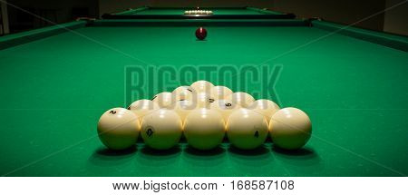 pool table in the dark with balls