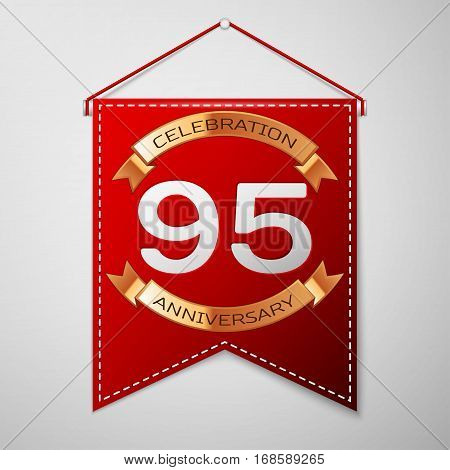 Red pennant with inscription Ninety five Years Anniversary Celebration Design over a grey background. Golden ribbon. Colorful template elements for your birthday party. Vector illustration