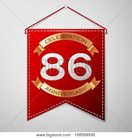 Red pennant with inscription Eighty six Years Anniversary Celebration Design over a grey background. Golden ribbon. Colorful template elements for your birthday party. Vector illustration