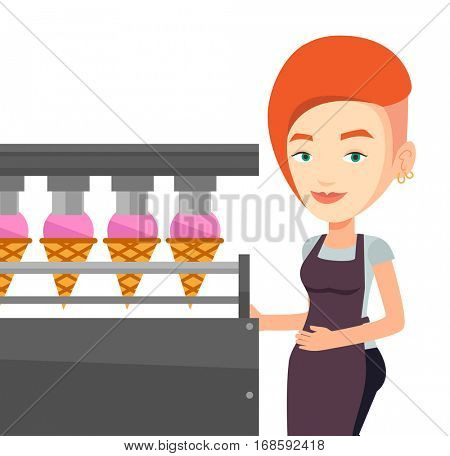 Worker of ice cream manufacture. Worker of factory producing ice-cream. Confectioner working on automatic production line of ice cream. Vector flat design illustration isolated on white background.