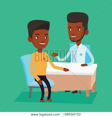 African-american doctor consulting patient in office. Doctor talking to smiling patient. Doctor communicating with patient about his state of health. Vector flat design illustration. Square layout.