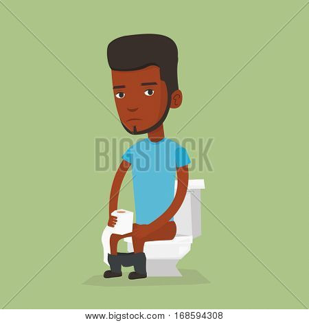African man sitting on toilet bowl and suffering from diarrhea. Young man holding toilet paper roll and suffering from diarrhea. Man sick with diarrhea. Vector flat design illustration. Square layout.