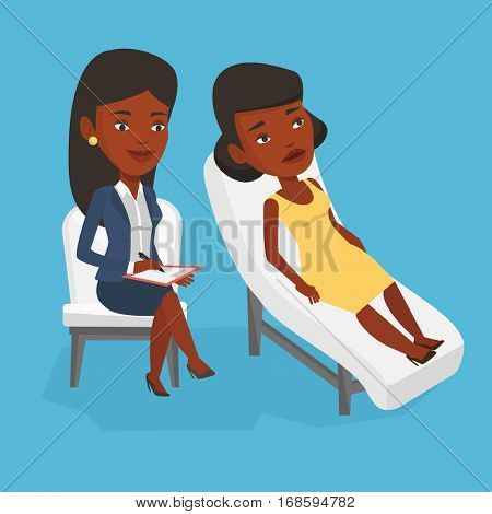 African patient lying on sofa and talking about problems with psychotherapist or psychologist. Psychologist having session with patient in depression. Vector flat design illustration. Square layout.