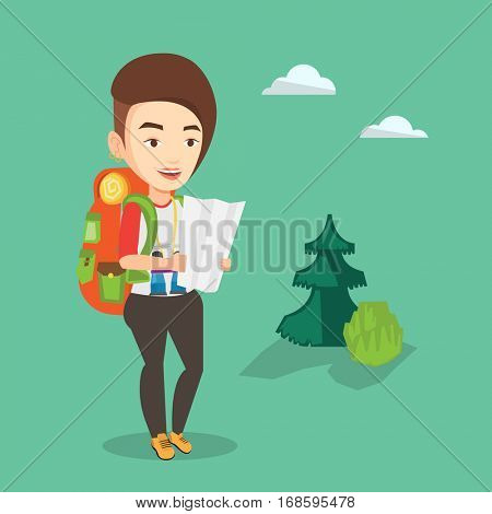 Caucasian traveler exploring the map. Young smiling traveler with backpack and binoculars looking at map. Traveler searching right direction on a map. Vector flat design illustration. Square layout.