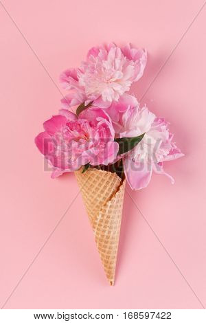 peony flowers in the waffle cone