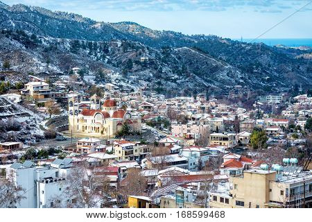 Winter mountain village landscape. Kakopetria Nicosia District Cyprus.