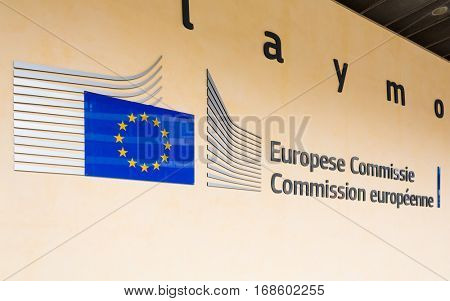 BRUSSELS, BELGIUM - AUG 9, 2014: Berlaymont building entrance. Berlaymont houses headquarters of European Commission.