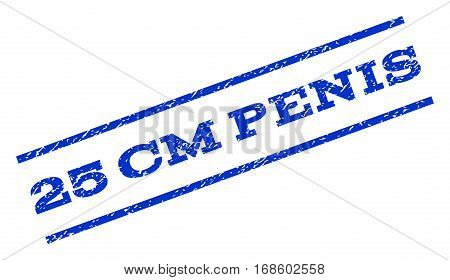 25 cm Penis watermark stamp. Text caption between parallel lines with grunge design style. Rotated rubber seal stamp with unclean texture. Vector blue ink imprint on a white background.