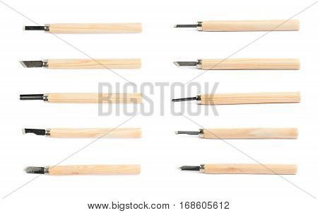 Hand carving wood chisel tools isolated over the white background, set of multiple different foreshortenings