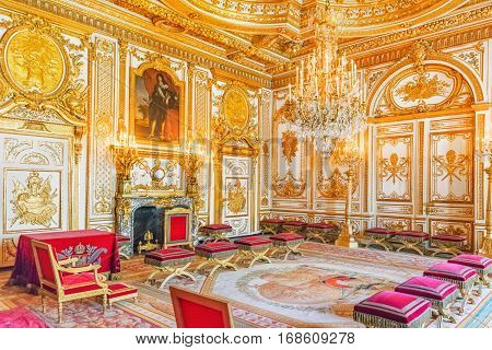 Fontainebleau, France - July 09, 2016 : Fontainebleau Palace Interiors. The Throne Room. Chateau Was