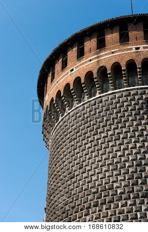 Detail of the Torrione di Santo Spirito (Tower of Holy Spirit) Sforza Castle XV century (Castello Sforzesco). Milan Lombardy Italy