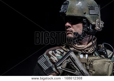 United states Marine Corps special operations command Marsoc raider. Studio shot of Marine Special Operator black background