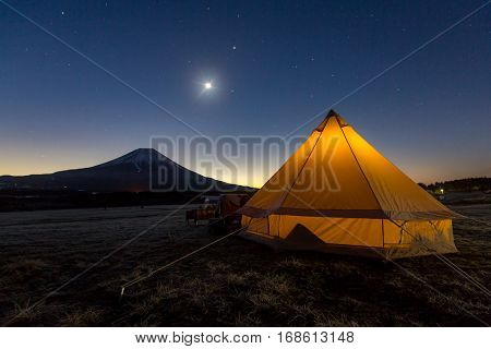 Pearl Fuji, moon rise at mountain fuji, Japan