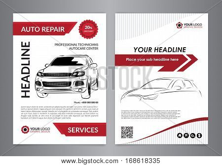 Set A4 auto repair business layout templates automobile magazine cover auto repair shop brochure mockup flyer. Vector illustration.