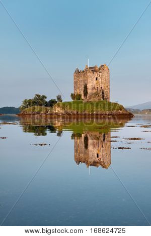Castle Stalker, Appin, Argyll, Scotland is a well-preserved medieval tower-house situated on a tidal islet on Loch Laich. Founded around 1440 the castle has variously been associated with the Clans of MacDougall, Stewart and Campbell.
