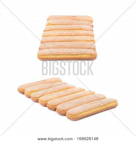 Ladyfinger savoiardi biscuit cookies lined up, composition isolated over the white background, set of two different foreshortenings
