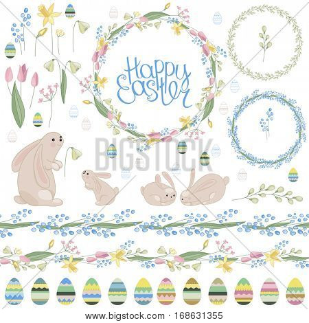 Easter  set with spring tulips, plants,daffodils,eggs,rabbits and herbs. Yellow, breen and blue colors. Objects isolated on white background