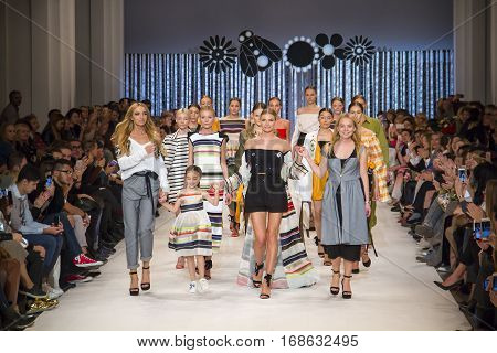 KYIV, UKRAINE - OCTOBER 14, 2016: Model walks the runway at T.Mosca collection show during the 39th Ukrainian Fashion Week at Mystetsky Arsenal in Kyiv