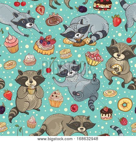Vector seamless pattern with cute sweet-tooth raccoons cakes and berries. Bright tasty background for design.