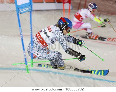 STOCKHOLM SWEDEN - JAN 31 2017: Side view of Veronika Velez Zuzulova (SVK) and Mikaela Shiffrin in the downhill skiing in the parallel slalom alpine event Audi FIS Ski World Cup. January 31 2017 Stockholm Sweden