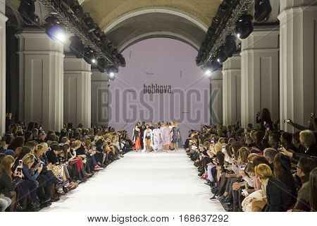 KYIV, UKRAINE - OCTOBER 14, 2016: Models walk the runway at Christina Bobkova collection show during the 39th Ukrainian Fashion Week at Mystetsky Arsenal in Kyiv