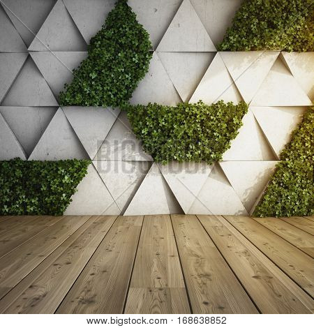 Wall in modern interior with concrete blocks and vertical garden. 3D illustration.