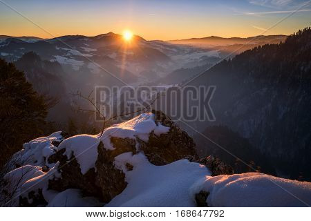 Sunrise in Pieniny mountains on Sokolica summit Poland