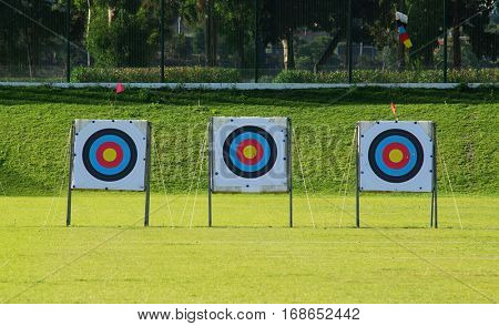 Three archery targets in a row in a grass field on a sunny day