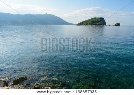 Famous Island of Sveti Nikola in Budva. Montenegro, Balkans, Adriatic sea, Europe.