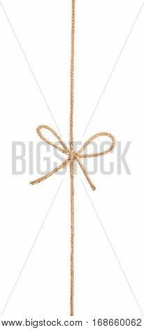 Single bow knot on a linen rope string isolated over the white background