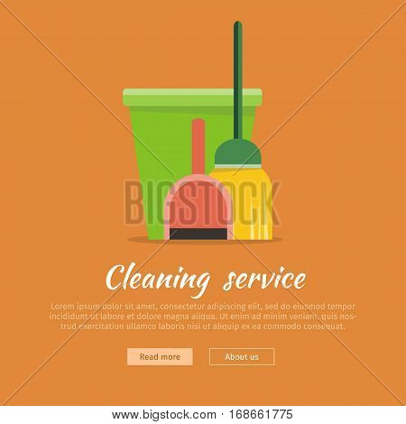 Cleaning service web banner. Bucket with duster, broom and dustpan icon. Symbols of clean in house. House washing equipment. Office and hotel cleaning. Housekeeping. Cleaning business concept. Vector