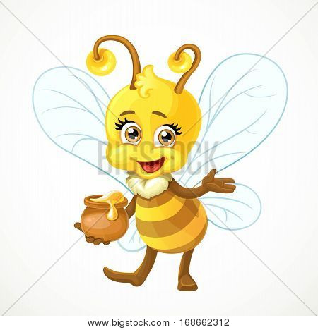 Cute Bee With A Clay Pot Full Of Honey And Says Something Stand On White Background
