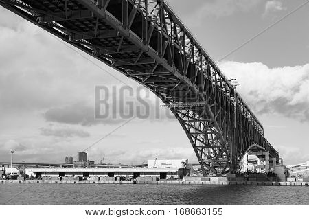 Black and White Under Minato Bridge over Osaka sea port Japan